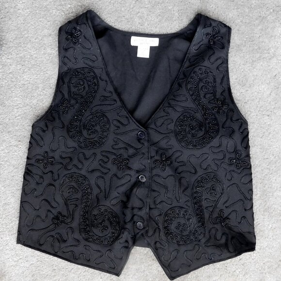 Victoria Jones Women's Vtg Black Vest 100% Cotton, Petites PL Beaded Trim - Picture 1 of 7